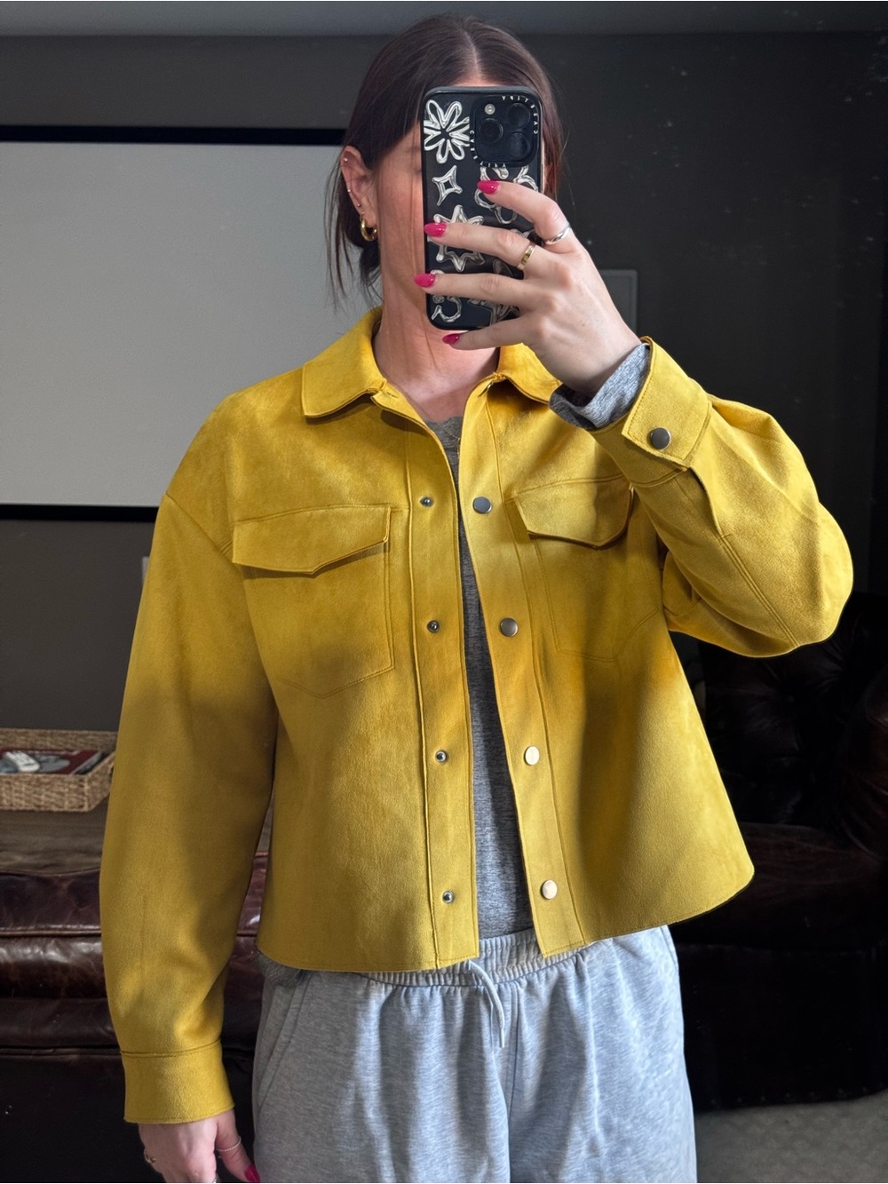Cropped Mustard Suede Snap-Front Jean Jacket